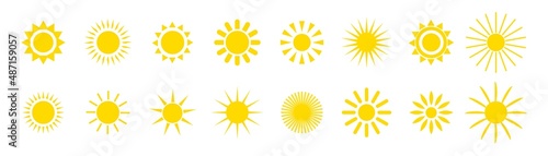 Sun icons set. Collection of yellow sun star icons. Summer, sunlight, nature, sky. Vector illustration isolated on white background.