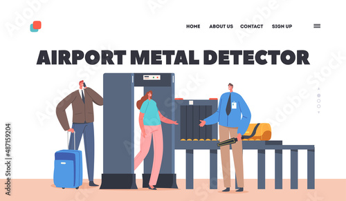 Airport Metal Detector Landing Page Template. Security Conveyor Belt Scanner, Terminal Checkpoint with Travelers