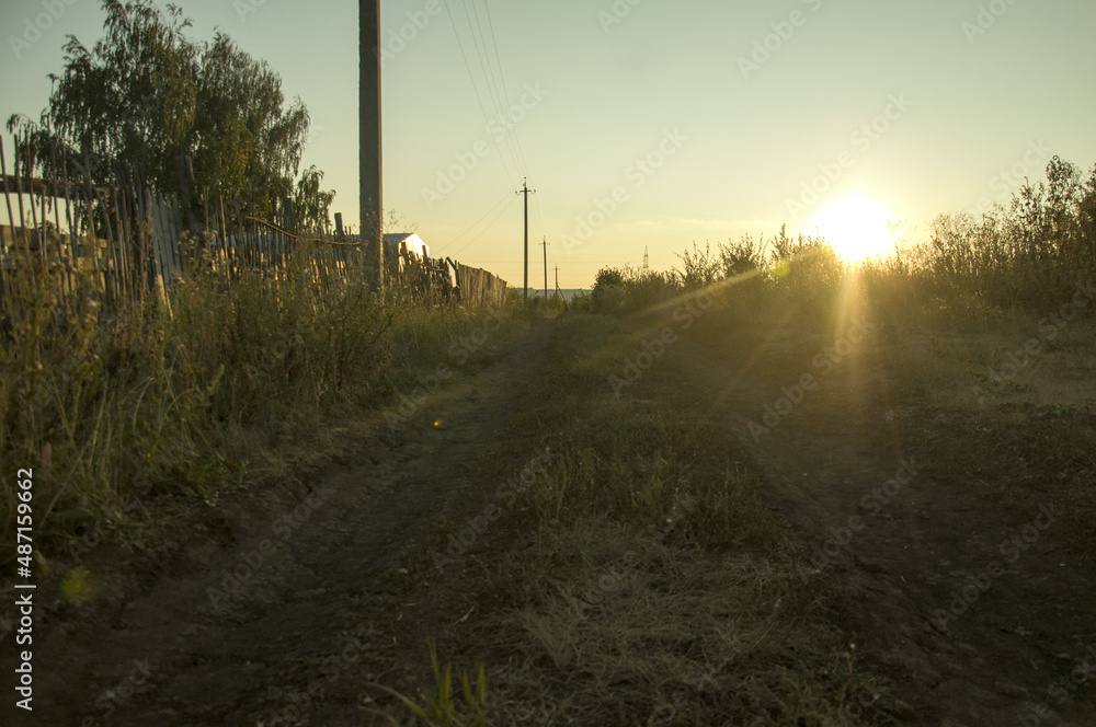 A rural summer road with a wooden fence, trees, power line poles and bushes illuminated by the sunset rays A rural summer road with a wooden fence, trees, power line poles and bushes illuminated by the sunset rays