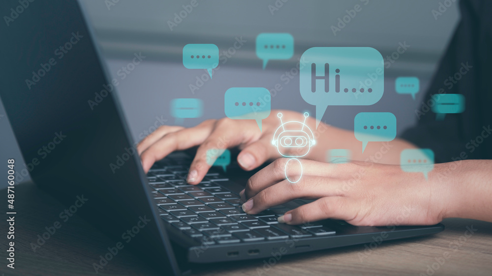 AI digital Chatbot concept. Smart digital customer care application for provide access to information and data in online network. Hand using laptop and global connection, Artificial intelligence. AI digital Chatbot concept. Smart digital customer care application for provide access to information and data in online network. Hand using laptop and global connection, Artificial intelligence.