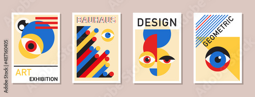 Abstract modern Bauhaus posters. Minimal Swiss retro art design paintings templates with geometric shapes, eyes. Vector illustration in simple vintage postmodernism for business brochure, certificate