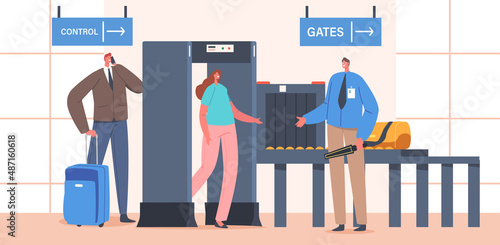 Airport Security Conveyor Belt Scanner, Terminal Checkpoint Metal Detector with Traveler Characters and Baggage