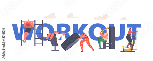 Workout Concept. Characters Fitness Training in House Yard. Male and Female Characters Exercising with Equipment Workout