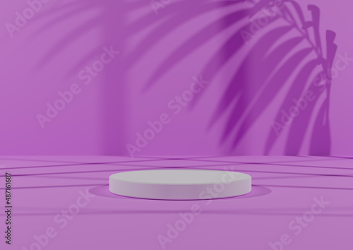 Simple, Minimal 3D Render Composition with One White Cylinder Podium or Stand on Abstract Shadow Light Purple Background for Product Display.