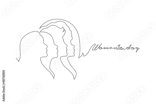 Happy Women Day greeting card illustration. Continuous line drawing diverse woman silhouette. Young girl team together for march 8th international womens event. Vector illustration.