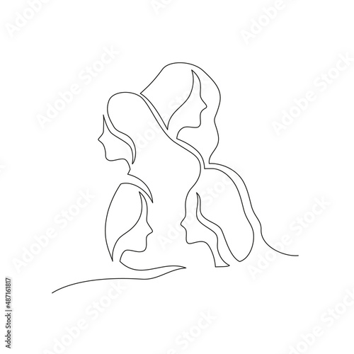 Happy Women Day greeting card illustration of continuous line drawing female group faces. International women's equality event. Vector illustration.