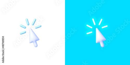 Cursor neon in 3d style on blue background. Arrow 3d vector icon. Flat cursor neon for web design. Vector graphic illustration.