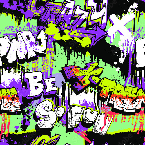 Abstract seamless grunge urban pattern with street art style words extreme, so fun, power, crazy. Grungy repeat print. Teenagers repeated background for sport textile, fashion clothes, wrapping paper.