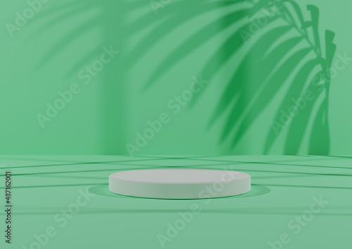 Simple  Minimal 3D Render Composition with One White Cylinder Podium or Stand on Abstract Shadow Light  Pastel Green Background for Product Display.