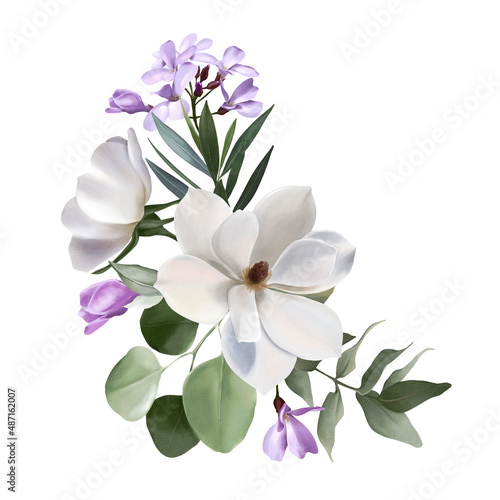 Flowers bouquet isolated on white background. White, purple, very peri tropical flowers with green leaves. Spring floral composition for design