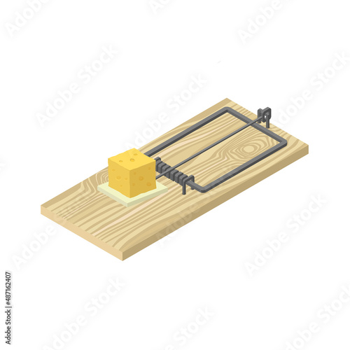 Mouse trap - isometric hand drawn vector illustration. Flat color design.