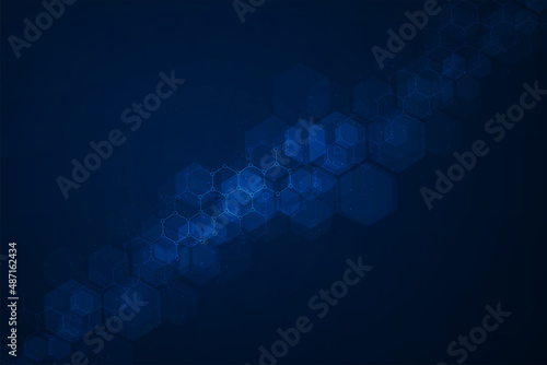 Hexagons pattern on blue background. Genetic research, molecular structure. Chemical engineering. Concept of innovation technology. Used for design healthcare, science and medicine background