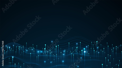 Big data visualization concept. Dynamic wave on blue background. Wave of particles