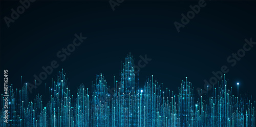 Leinwand Poster Cityscape on dark blue background with bright glowing neon