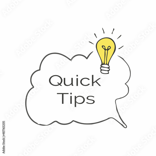 Quick tips speech bubble. Textured message icon with hand drawn lightbulb. Outline template isolated on white background. Vector illustration