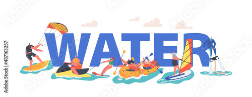 Water Activities Concept. Characters Summer Sports Surfing, Sup Board, Boat Riding, Sailing. Sports Men and Women Relax