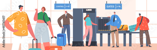 Characters in Airport Pass through Metal Detector Security Frame. Police Department Screening, Travelers Scanner