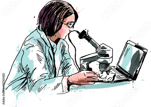 Colored hand sketch of a scientist at work. Vector illustration.