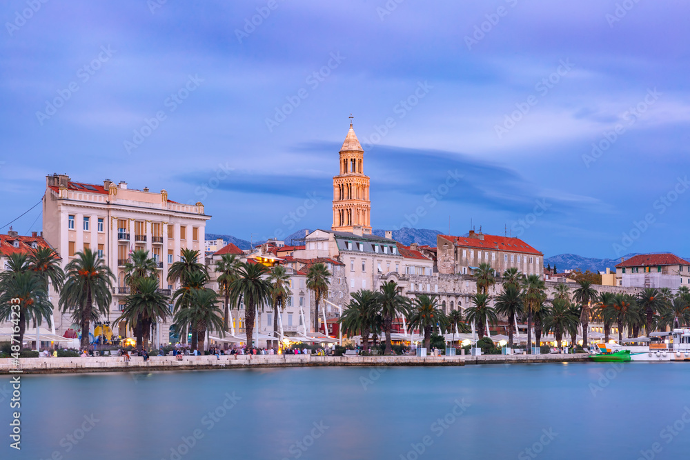 Palace of the Emperor Diocletian and shore of Adriatic Sea in Split, the second largest city of Croatia at night