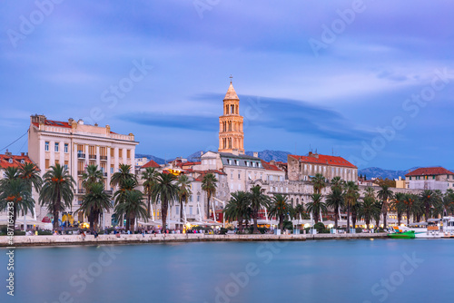 Palace of the Emperor Diocletian and shore of Adriatic Sea in Split, the second largest city of Croatia at night photo