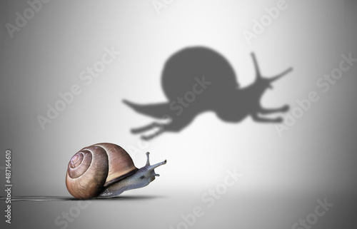 Aspiration metaphor and inner power concept as a symbol for the motivational feeling to aspire to great skill as a slow snail with a shadow of a fast cheetah shape photo