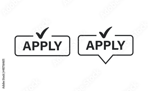 apply now button web banner buttons in speech bubble banners with check mark tick yes icon in different colors red yellow blue color. apply label buttons, outline bubbles