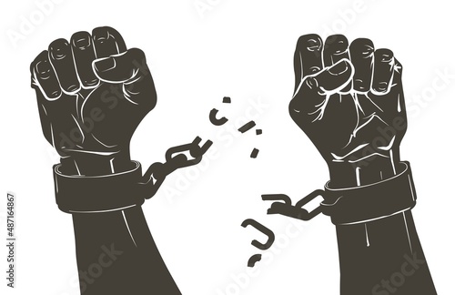 hands breaking steel shackles chain. Sketch vector