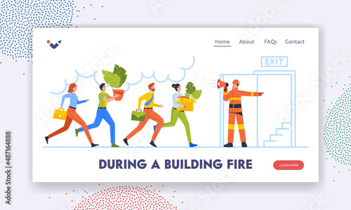 Hazard at Workplace Landing Page Template. Fireman with Megaphone Announce Fire Emergency Evacuation Alarm