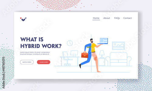 Man Work at Home Office Landing Page Template. Businessman Character Wear Hybrid Clothes Half Formal Suit