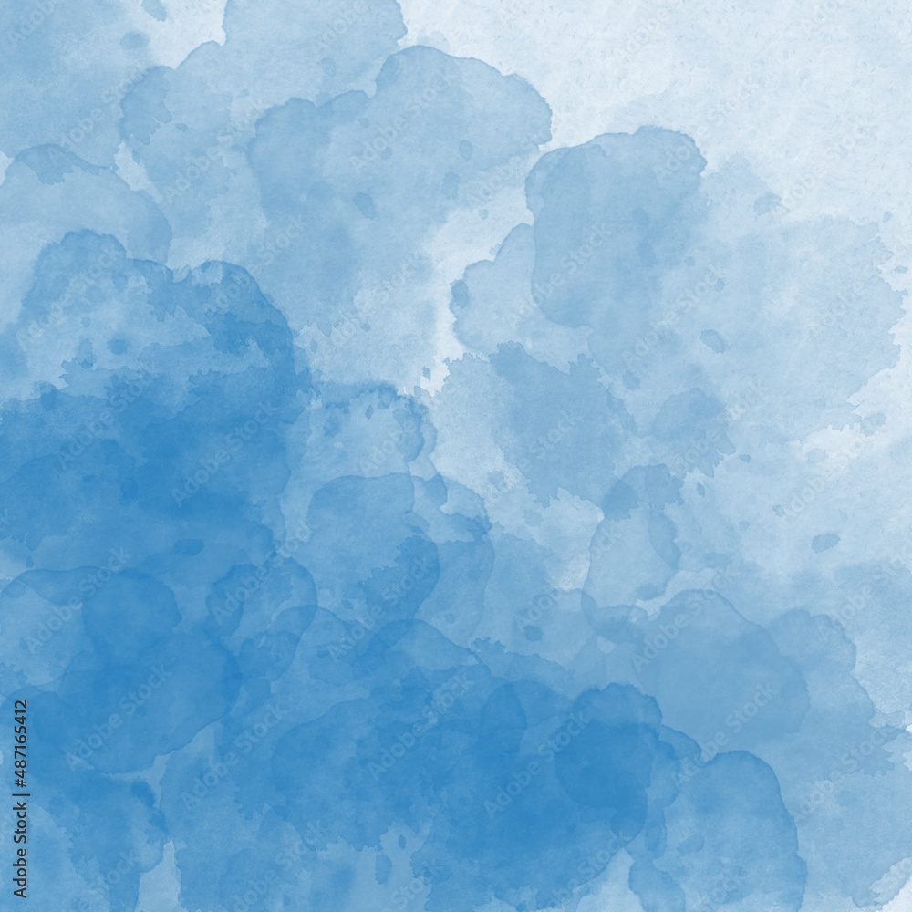 Blue digital watercolor with splash, stain texture. Soft gradient background. Square backdrop to use for invitation, greeting cards, posters, montage, overlay or banners.	