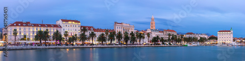 Panoramic view of famous Palace of Emperor Diocletian and shore of Adriatic Sea in Split, the second largest city of Croatia at night