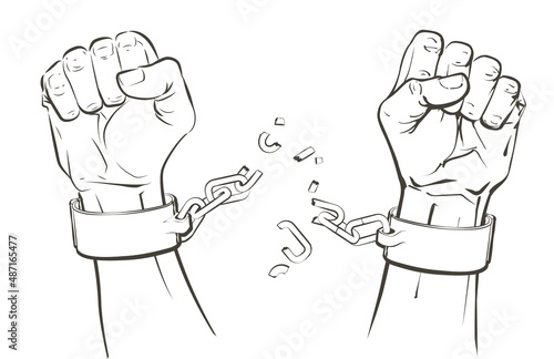 Fotografie, Obraz hands breaking steel shackles chain. Sketch vector