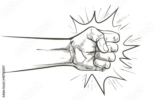 Fist punching or hitting, forward punch.Sign, symbol, logo, illustration. Stop violence against women, domestic violence concept. Vector Line sketch realistic vintage hand-drawn illustration