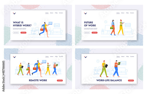 Hybrid Work Landing Page Template Set . Remote Work After Covid Crisis, Employee Characters Choice to Work Remotely