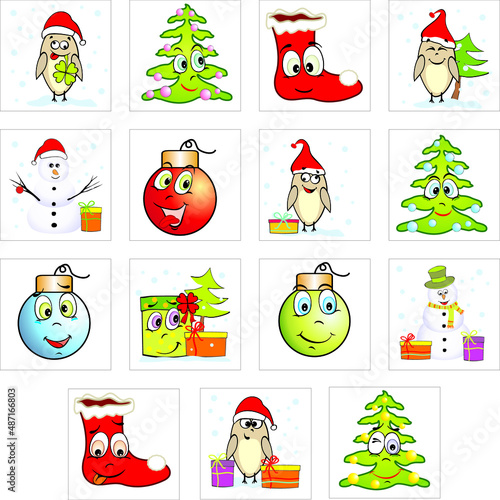 Set of Vector Illustration Christmas Icons. Gift, Pine, Ball, Santa. Isolated on White Background.