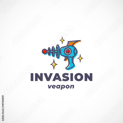 Alien Invasion Weapon Abstract Vector Sign  Symbol  Logo Template. Outline Retro Fantastic Gun Silhouette with Modern Typography. Science Fiction Emblem Isolated