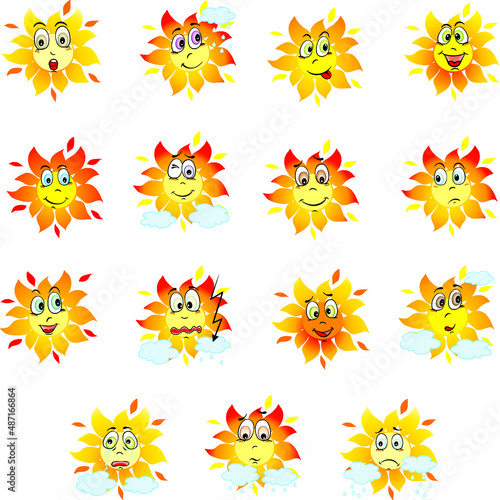 Set of yellow emojis sun isolated on white background. Vector illustration