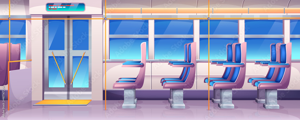 Cartoon bus interior with chairs, window and handrails. Public city  transport with digital display above entrance and exit doors. Train or  autobus inside with comfortable passenger seats with armrests Stock Vector |