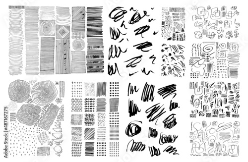 Vector set of grungy hand drawn textures. Lines, circles, smears, waves, brush strokes, triangles. Hand drawn elements for your graphic design photo