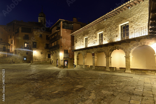 dusk in the square of medieval village of Albarracin, Teruel province, Aragon, Spain