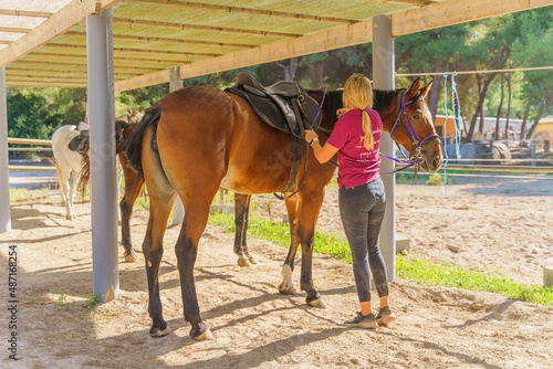 Unrecognizable young woman preparing horses to go for a walk