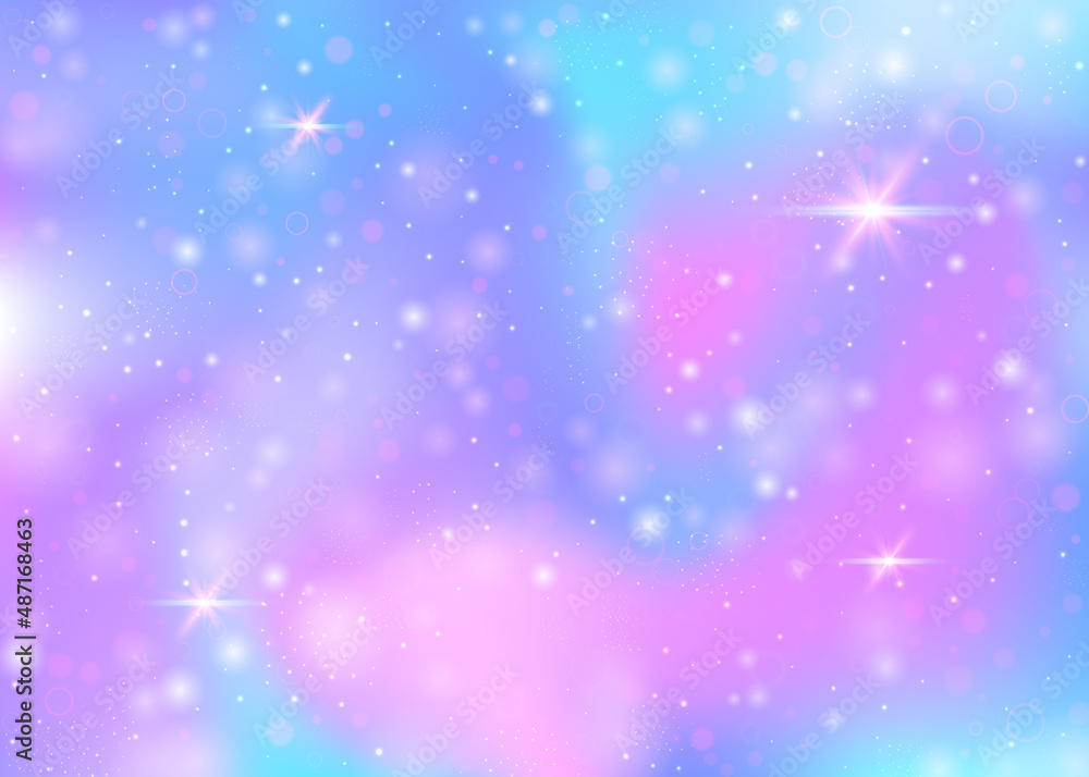 Fototapeta premium Holographic background with rainbow mesh. Multicolor universe banner in princess colors. Fantasy gradient backdrop with hologram. Holographic magic background with fairy sparkles, stars and blurs.