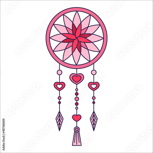 Retro Valentine Day boho icon of the dreamcatcher. Love symbols in the fashionable pop line art style. The figure of heart dreams catcher in soft pink, red and coral color. Vector illustration