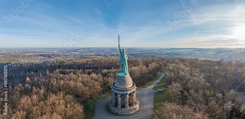Drone image of Arminius monument in Teutoburg Forest near German city Detmold taken in morning time photo