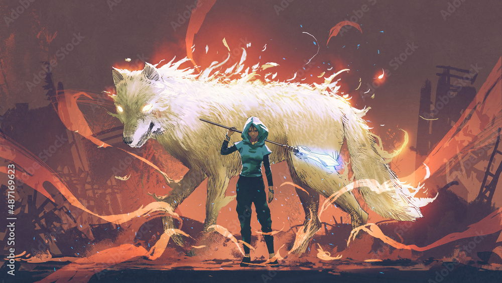 Naklejka premium A woman with a magic spear standing in front of her guardian wolf, digital art style, illustration painting