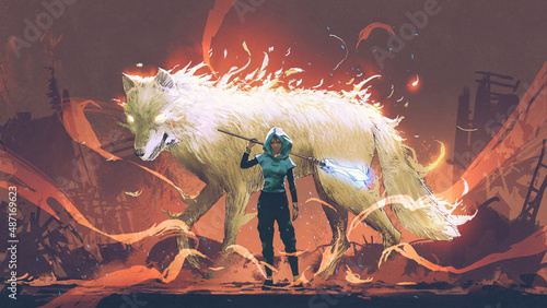 A woman with a magic spear standing in front of her guardian wolf, digital art style, illustration painting