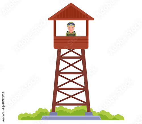 military wooden tower for the protection of the controlled territory. flat vector illustration.