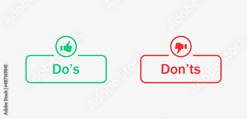 Dos and donts icons in line frame - thumbs up or thumb down. Like or dislike - do's and don'ts frames - true or false - Dos and dont in outline frame
