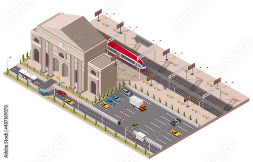 Vector isometric infographic element or icon. low poly railway public train station building with trains, platform, parking and related infrastructure.