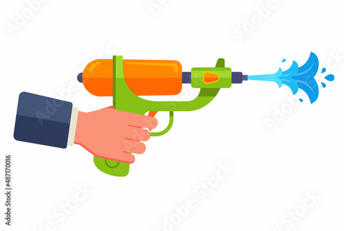 the hand holds a water pistol and shoots water. flat vector illustration.